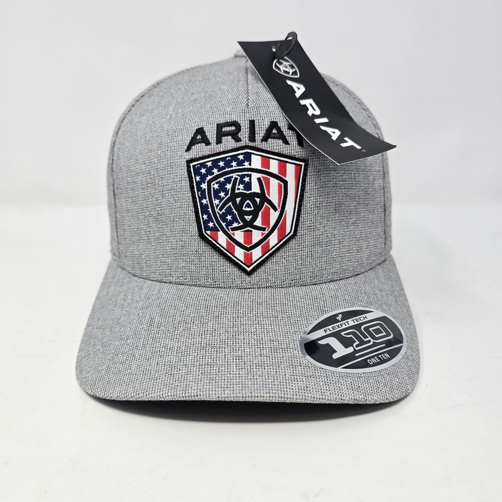 Ariat Mens Grey American Flag Shield 110 Flexfit Snapback Hat Perforated Cap NEW